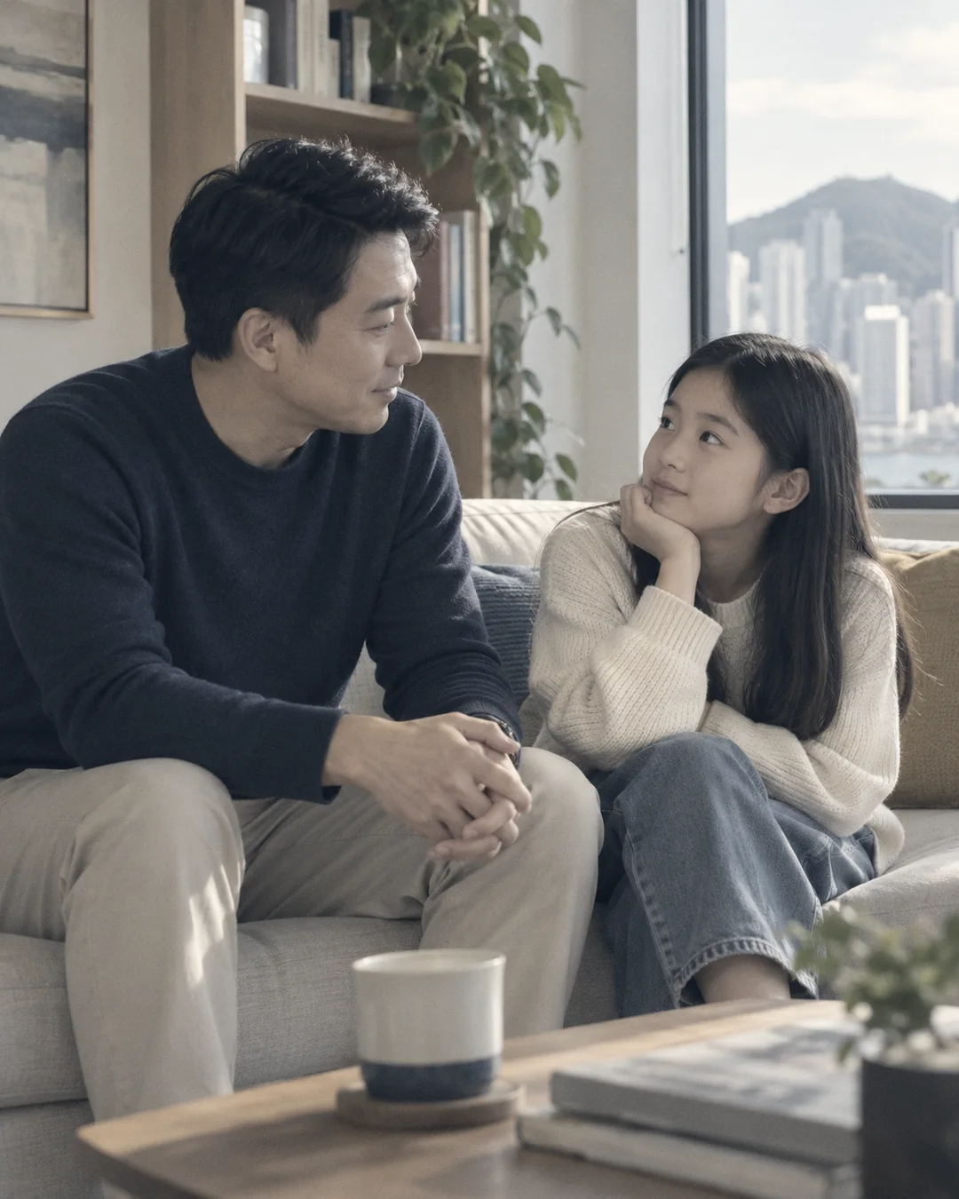 父亲与女儿在沙发上交谈（示意图）