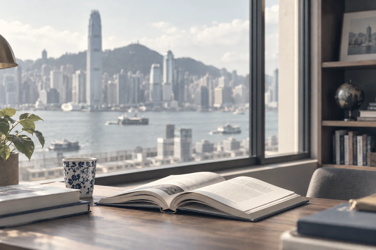 一本打开的书，背景是维多利亚港（示意图）