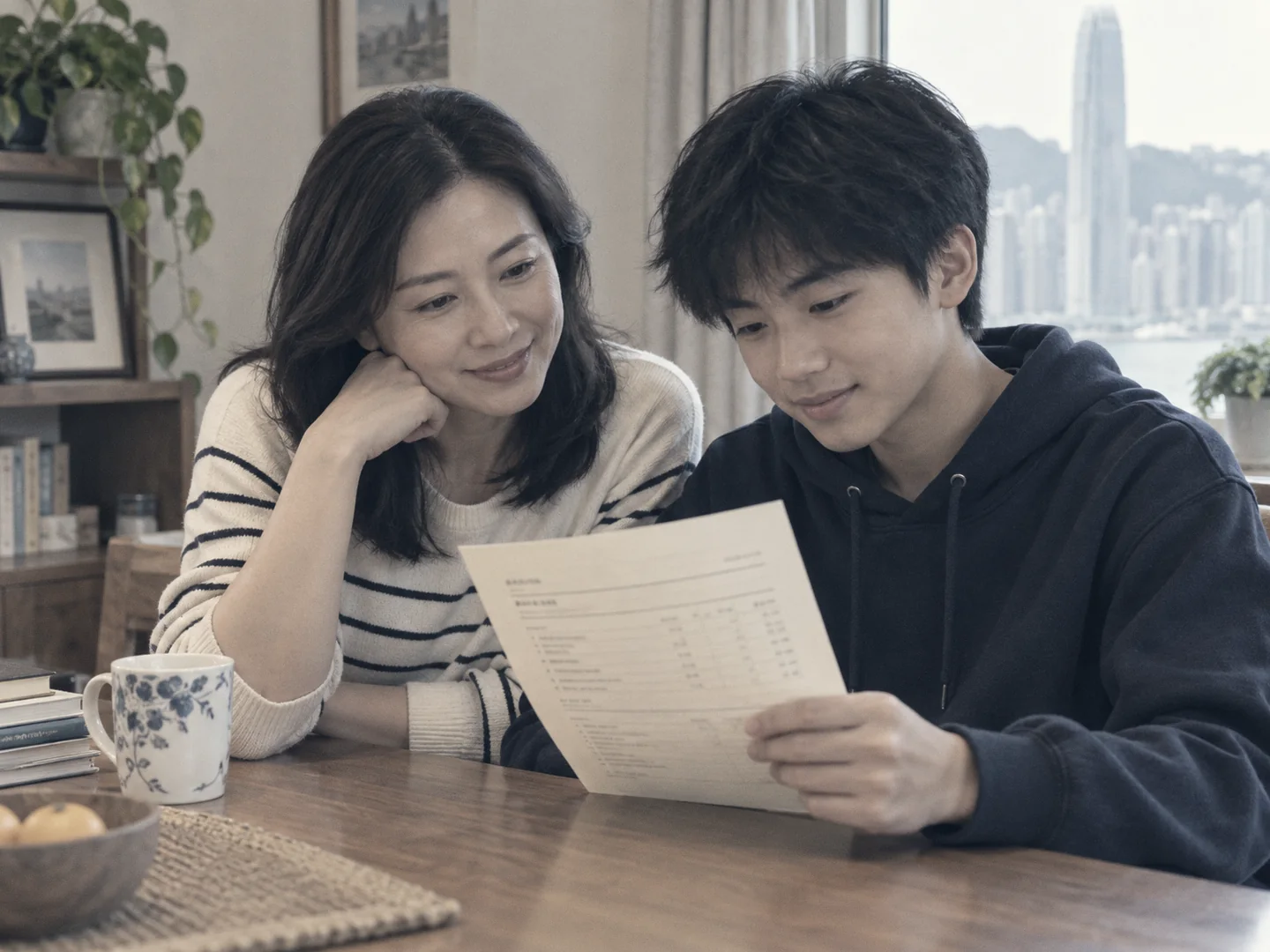 母亲与少年儿子一起阅读升学规划报告（示意图）